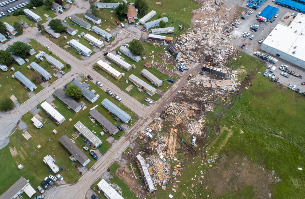 Aerial view of total destruction after powerful tornado in Oklahoma suburb