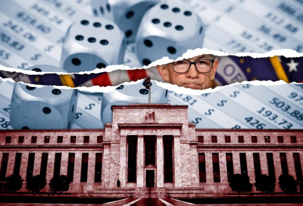 Federal Reserve building with stock market and interest rate graphics