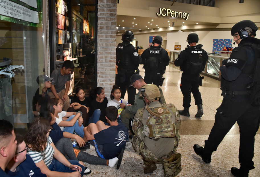 SWAT team and police responding to active shooter situation inside shopping mall
