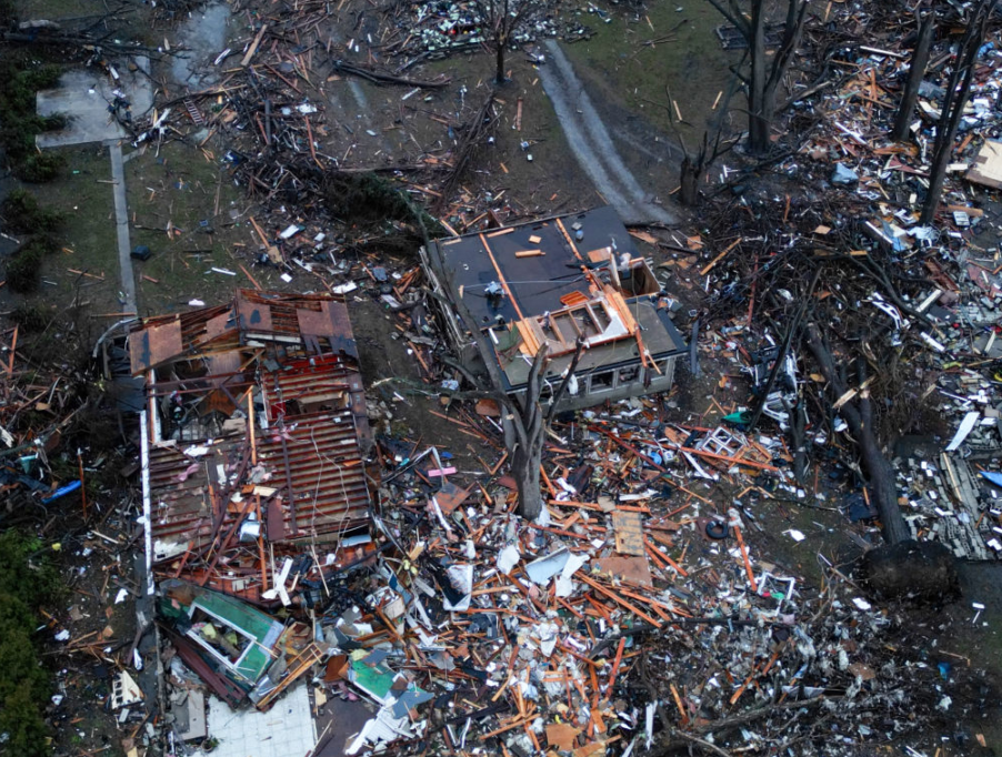Aerial view of tornado damage to homes in Midwest severe weather outbreak