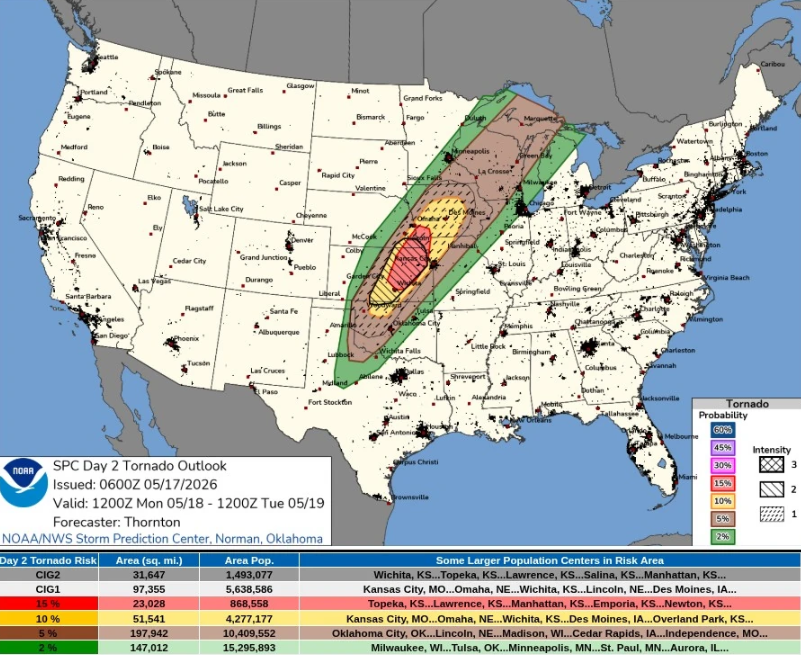 SPC tornado outlook map showing moderate risk across Midwest and Great Plains