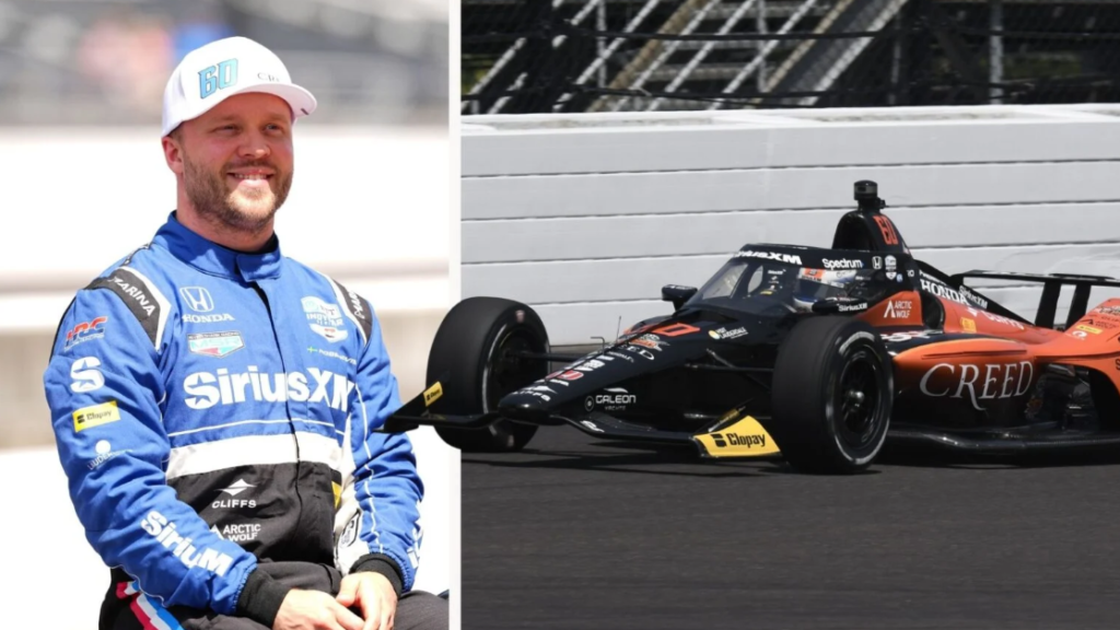 Felix Rosenqvist, winner of the 2026 Indianapolis 500, celebrating his historic victory at Indianapolis Motor Speedway