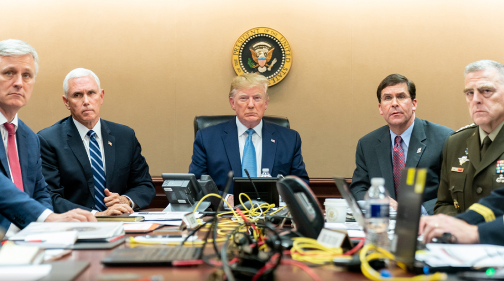 President Trump in the White House Situation Room during Iran conflict discussions, May 2026