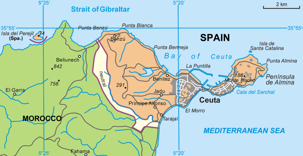 Map showing Ceuta Spain Morocco border location